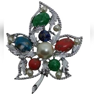 Vintage Sarah Coventry Nature's Splendor Brooch Multi-Stone Silver Tone Leaf Pin